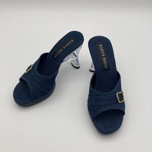 Vintage Karo's Shoes Denim Buckle Mules Clear Sculptural Triangle Heel Y2K 6